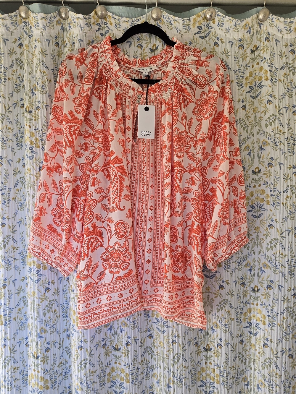 Rose + Olive Orange & White Floral Boho Peasant Blouse NWT Size 1X